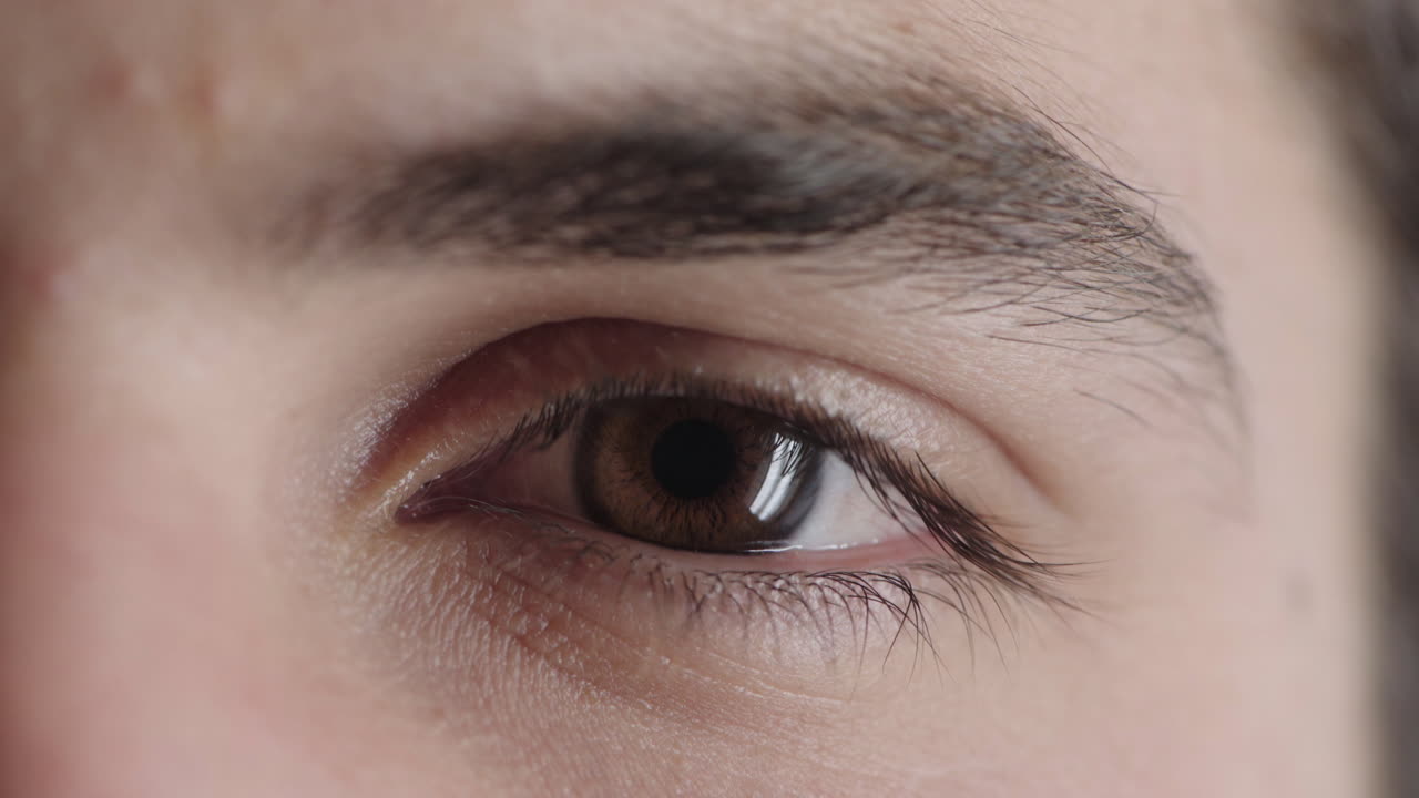 가까이서 주위를 둘러보는 사람의 눈  ⁇ 박이는 사려 깊은 성찰적인 광학적 감정