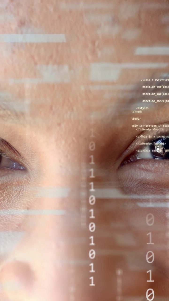 Vertical video: Woman holding gaze, bars sweeping across face and binary stream forming tech scan