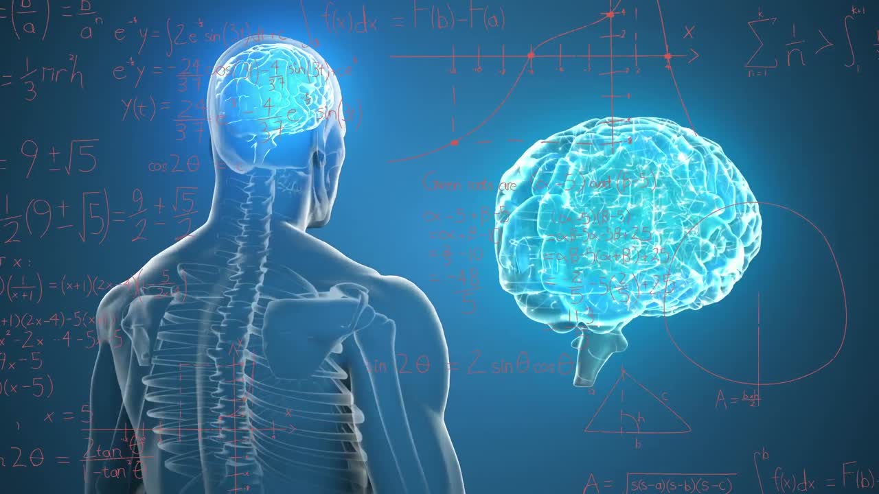 Animation of human brains and body over mathematical equations and diagrams on blue background