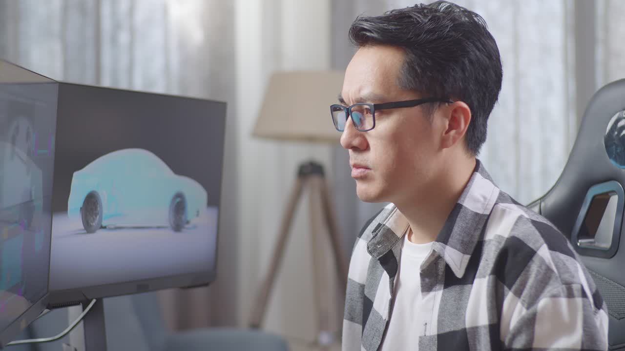 3d 자동차 디자이너가 프로젝트를 진행하고 있습니다.