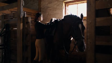 woman preparing horse in a stable