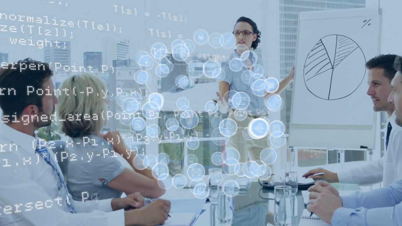 анимация медиа-икон и обработка данных над различными коллегами, обсуждающими работу на совещании