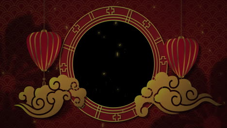 bursting fireworks with red lanterns and golden cloud designs in circular frame