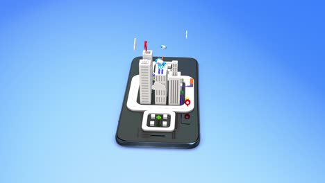 el concepto de ciudad inteligente 3d isométrica de dibujos animados. vida futurista en tableta inteligente.