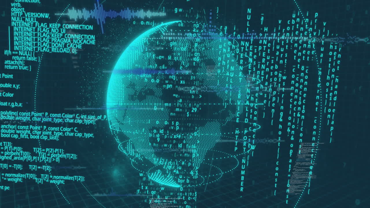3D-rendered holographic globe rotating in cyber space, with code streams cascading over grid floor