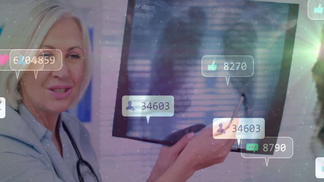 Social media engagement animation over smiling doctor pointing at screen