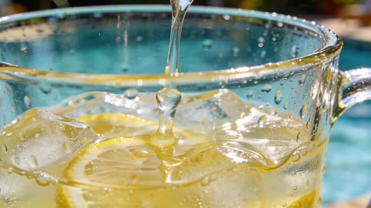 Brocca di vetro che si inclina versando liquido giallo pallido su ghiaccio e fette di limone a bordo piscina, servendo una bevanda.