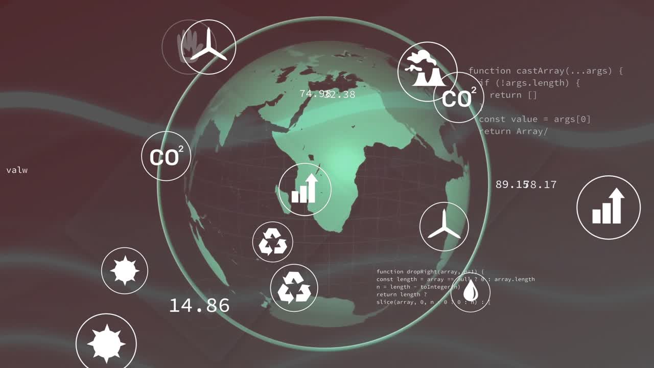Animation of data processing and icons over globe on black background