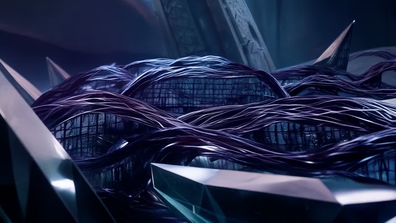 Pulling forward camera revealing glass-domed interior, braided tendrils advancing to obscure grid