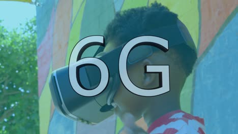 animación de texto de 6g sobre un niño que usa auriculares vr en el patio de recreo