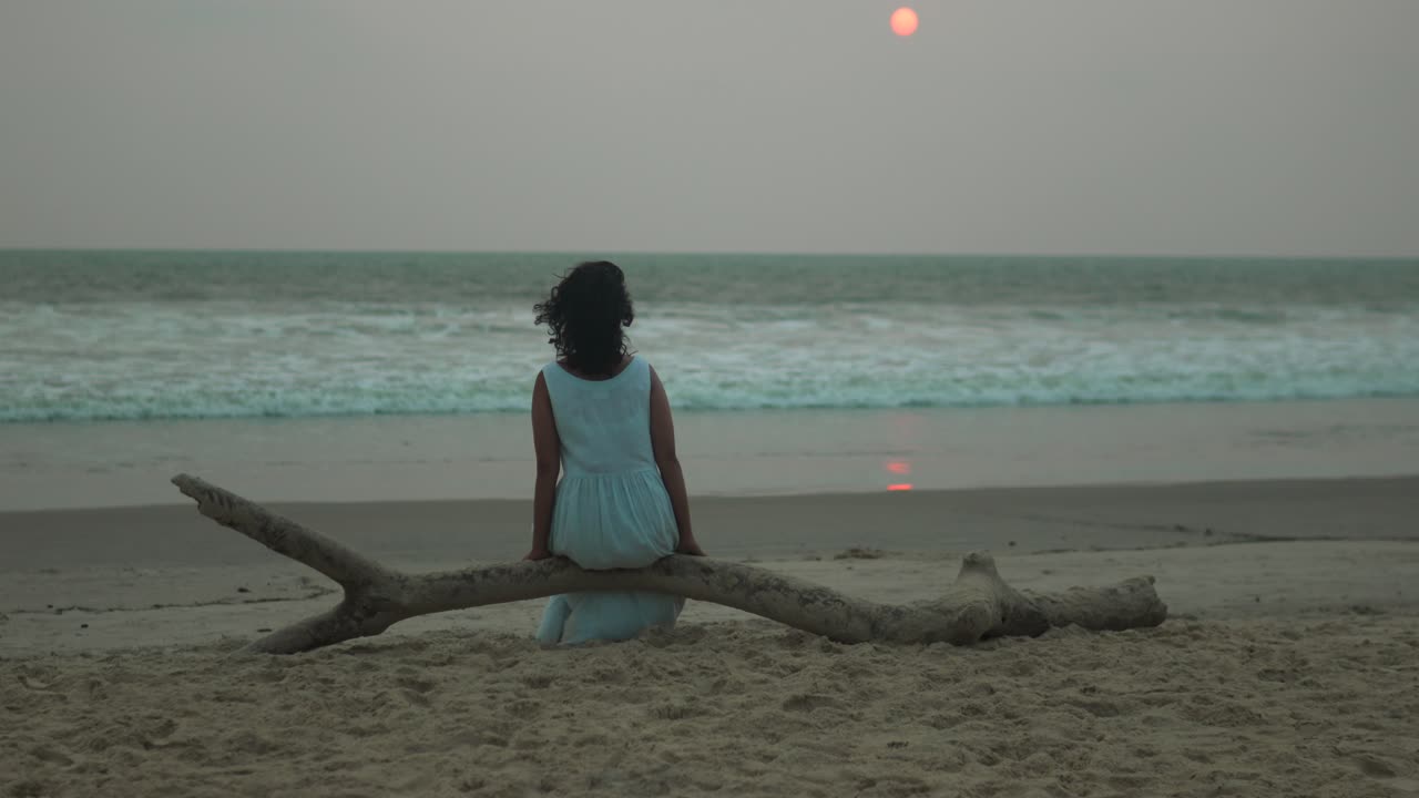 mujer sentada en madera a la deriva en una playa de arena al atardecer, olas tranquilas del océano en el fondo, escena pacífica
