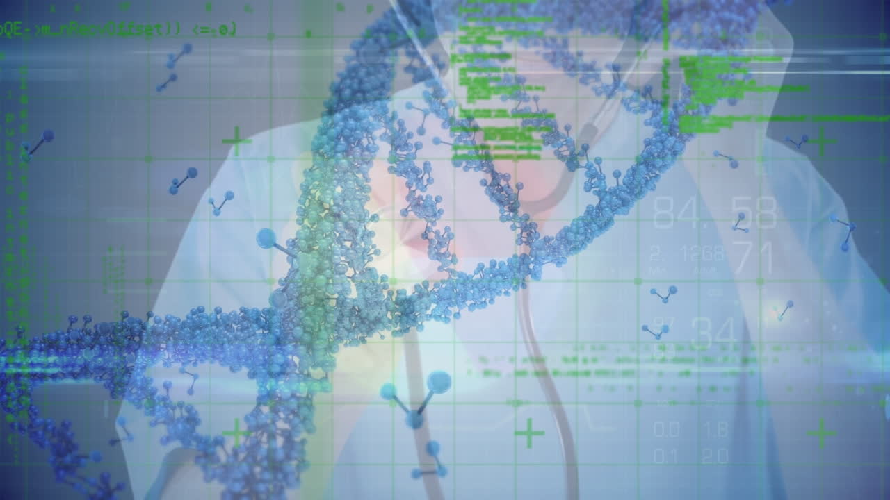 animación de adn y datos sobre la sección media de una doctora caucásica