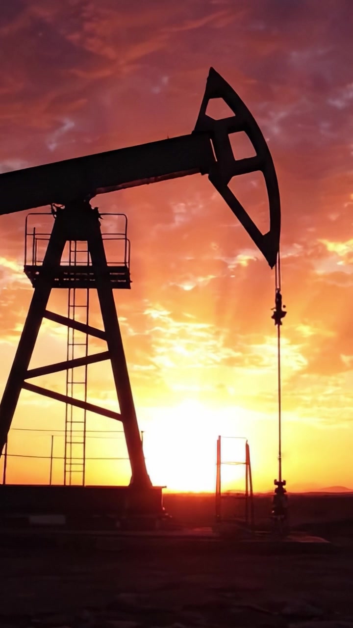 A striking silhouette of an oil pump jack against a vibrant sunset sky, highlighting the industrial energy sector's role in harnessing fossil fuels amidst natural beauty.