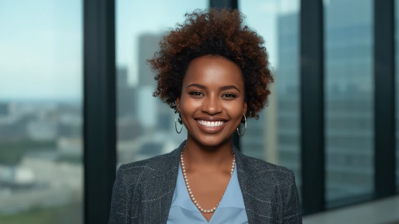 Opening frame showing woman brightening smile in gray blazer at office window, city skyline view