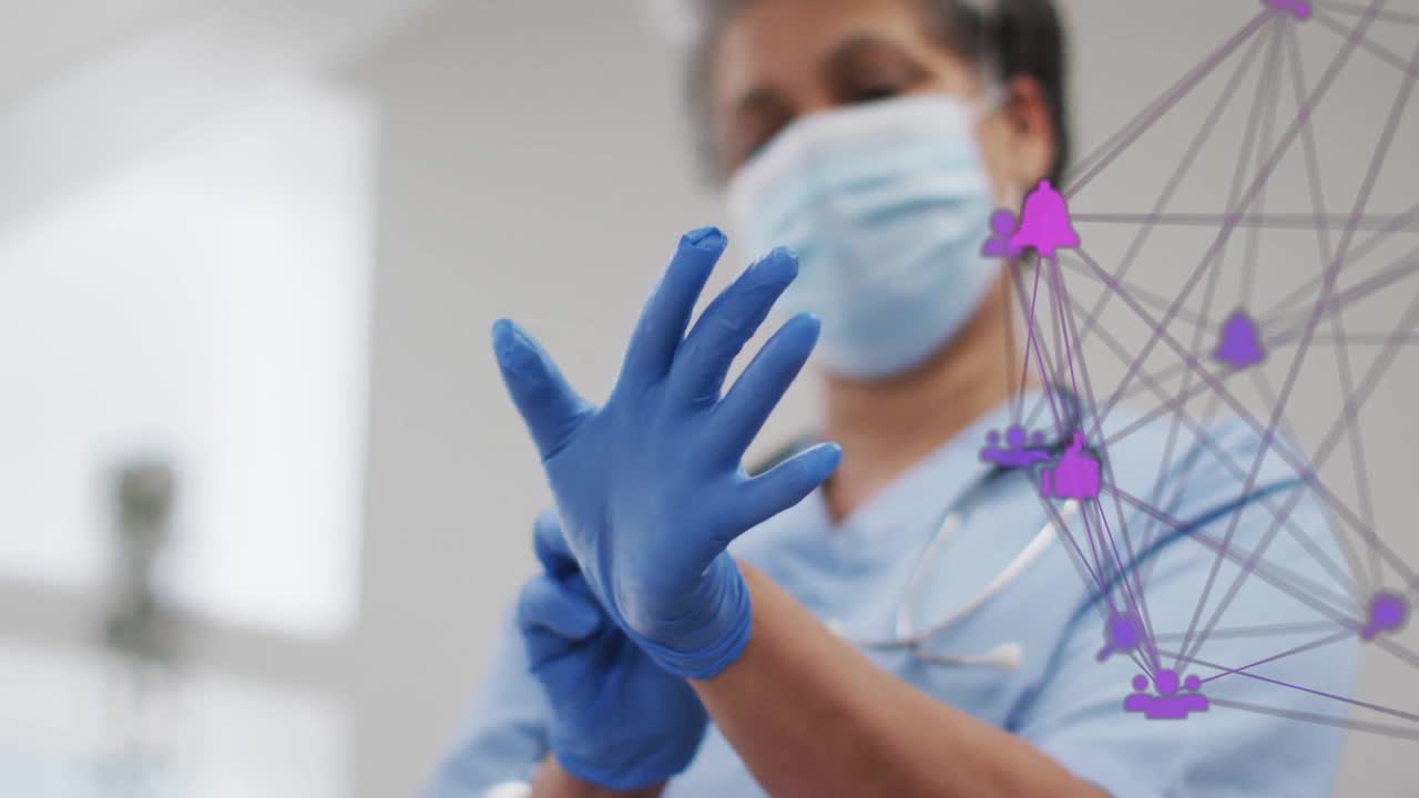 Healthcare professional wearing gloves, network of connections animation over scene