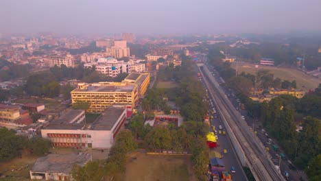 Aerial-view-of-1090-Chauraha-Gomti-Nagar,-DR-AMBEDKAR-DWAR,-Lucknow-metro-and-Lucknow-charbagh-railway-station-and-Lucknow-city