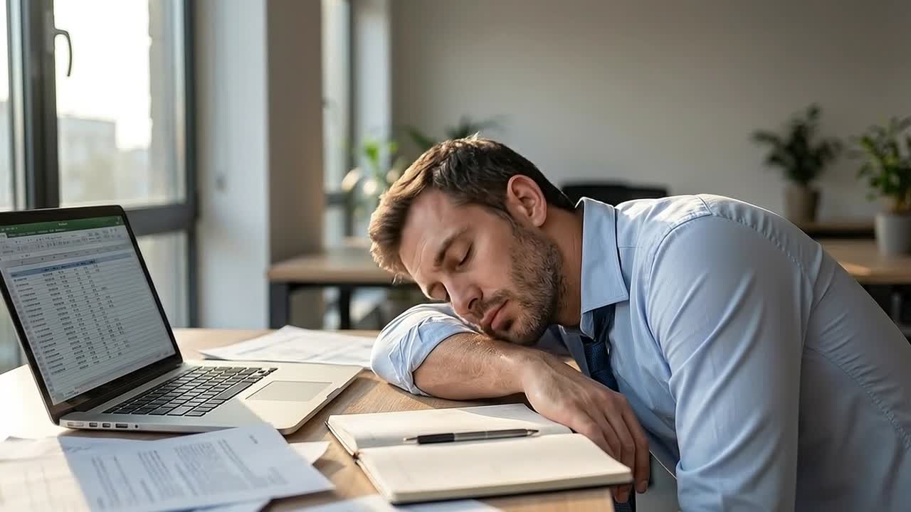 Uomo d'affari stanco che fa un pisolino alla sua scrivania in un ufficio moderno.