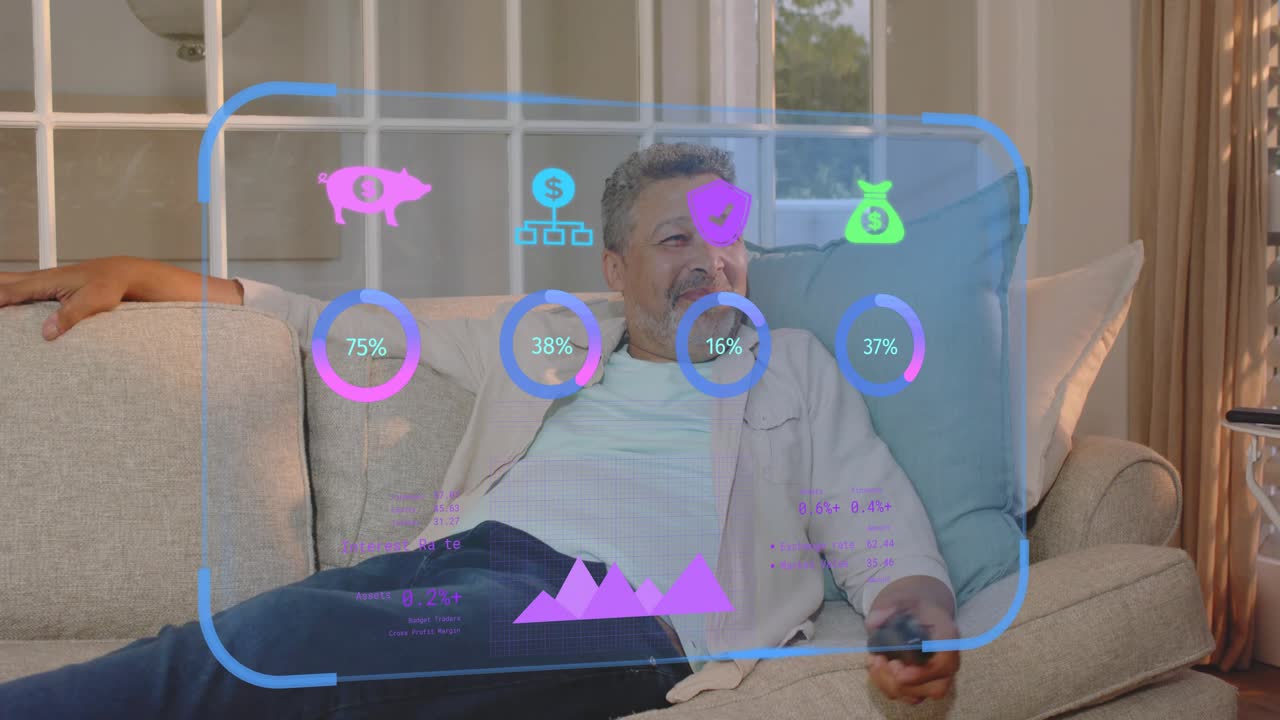 Man clicking remote on couch updating meters and shaping home tech graph to monitor metrics