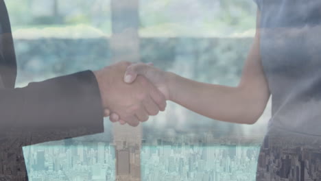 animation of businessman handshake over cityscape