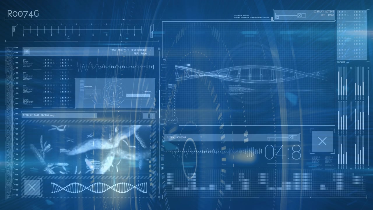 Animation of medical data processing on screen over black background