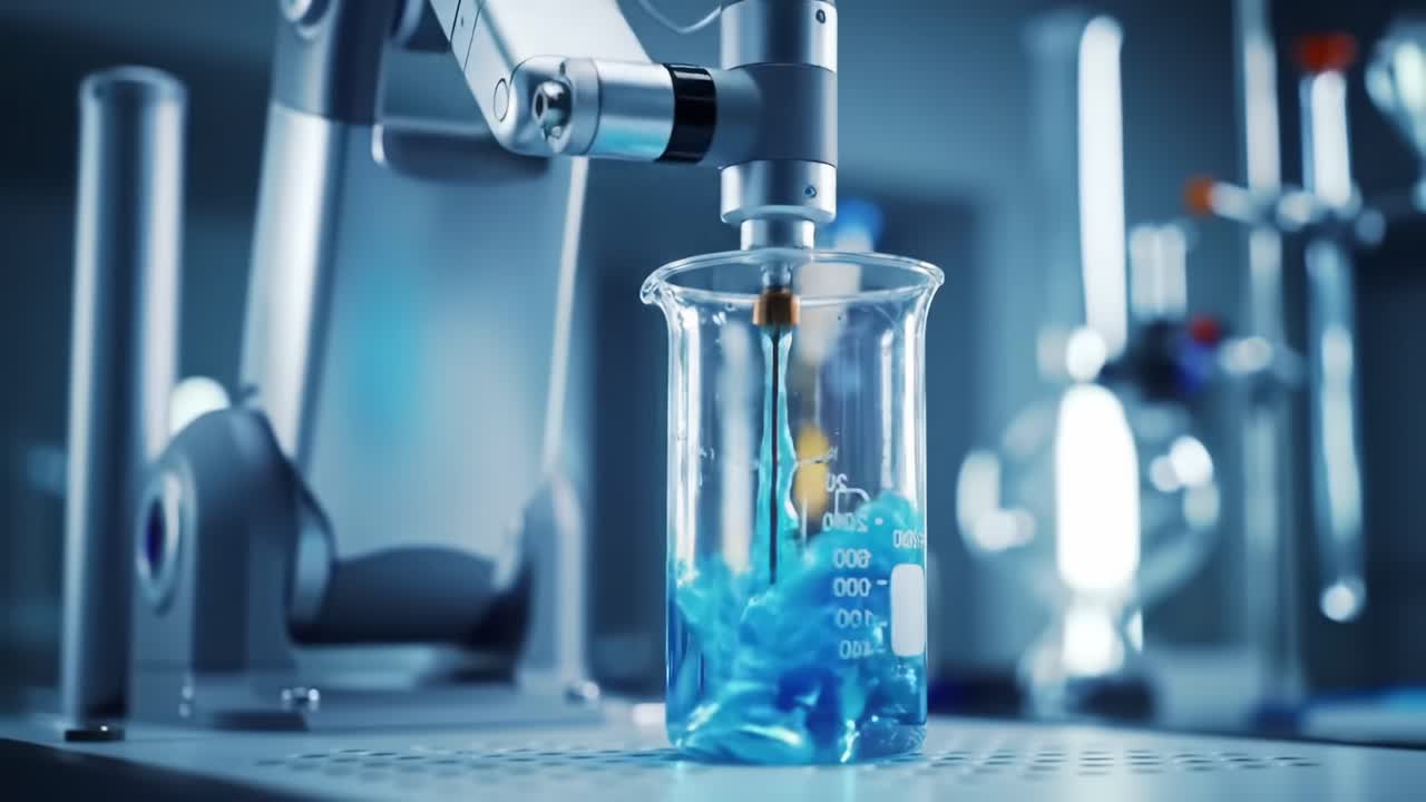 Innovative Laboratory Automation: A Cutting-Edge Robotic Arm Directed Mixing Process Featuring Vibrant Blue Liquid in a Beaker
