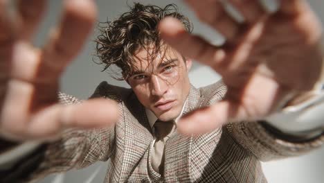 fashion model touching face and reaching towards camera in slow motion