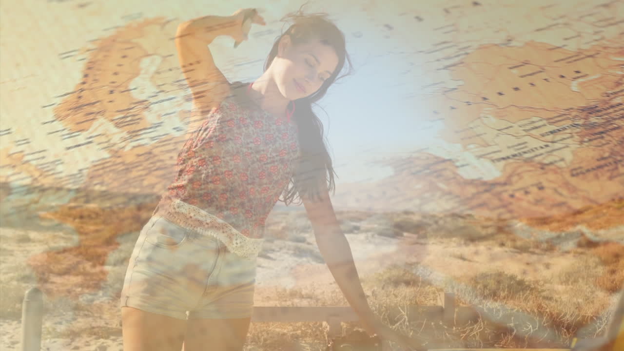 animación del mapa sobre la mujer caucásica en la playa