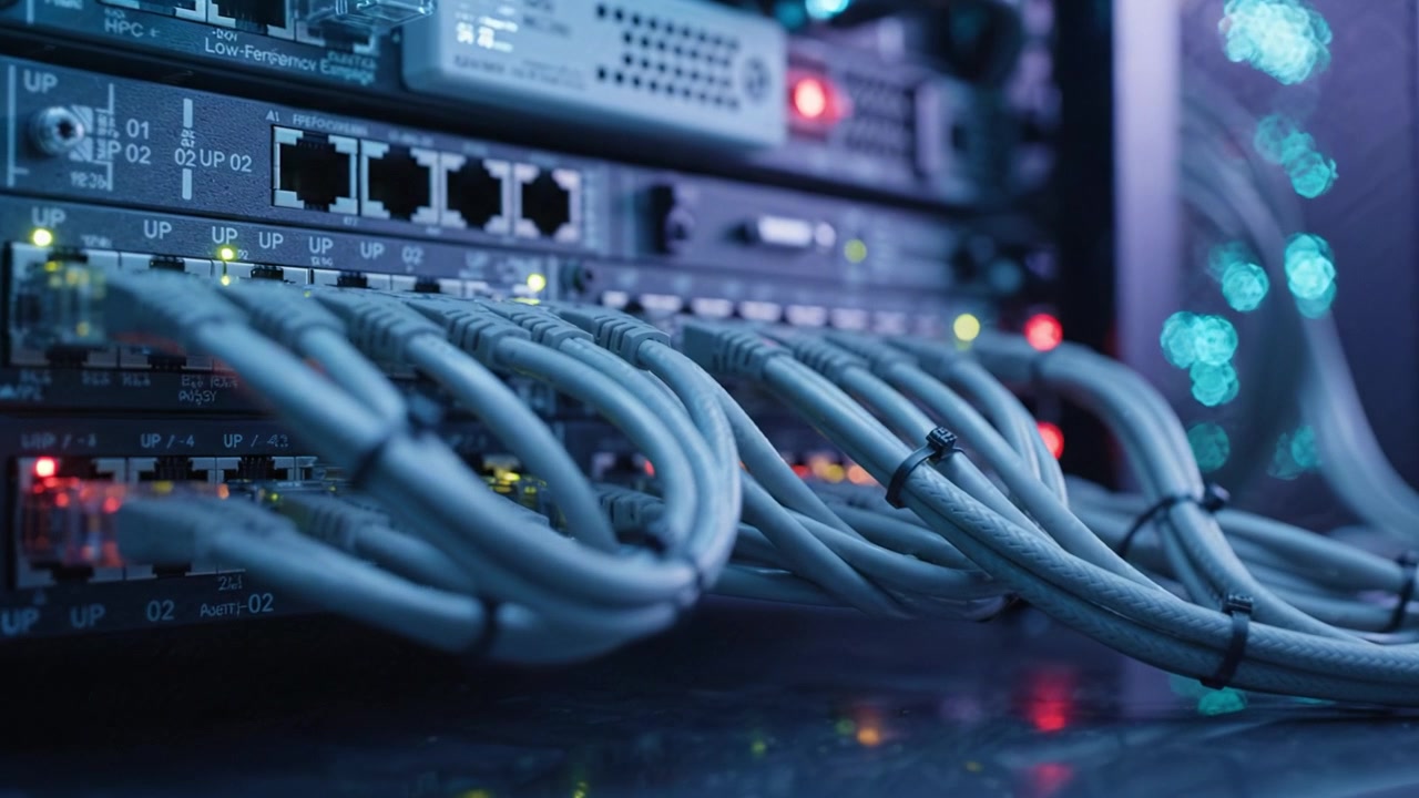 Close-Up of Network Cables and Server Equipment in a Data Center Highlighting Connectivity and Technology in a Modern Infrastructure Environment