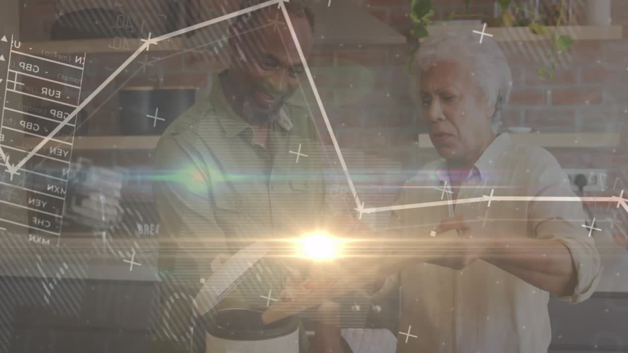 Upon offering veggies, senior cooks scooping into pot, animated chart tracking health data