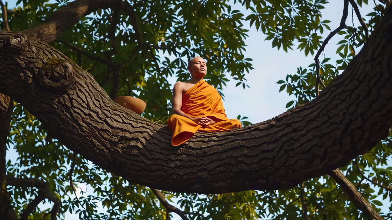 monje budista meditando en un árbol