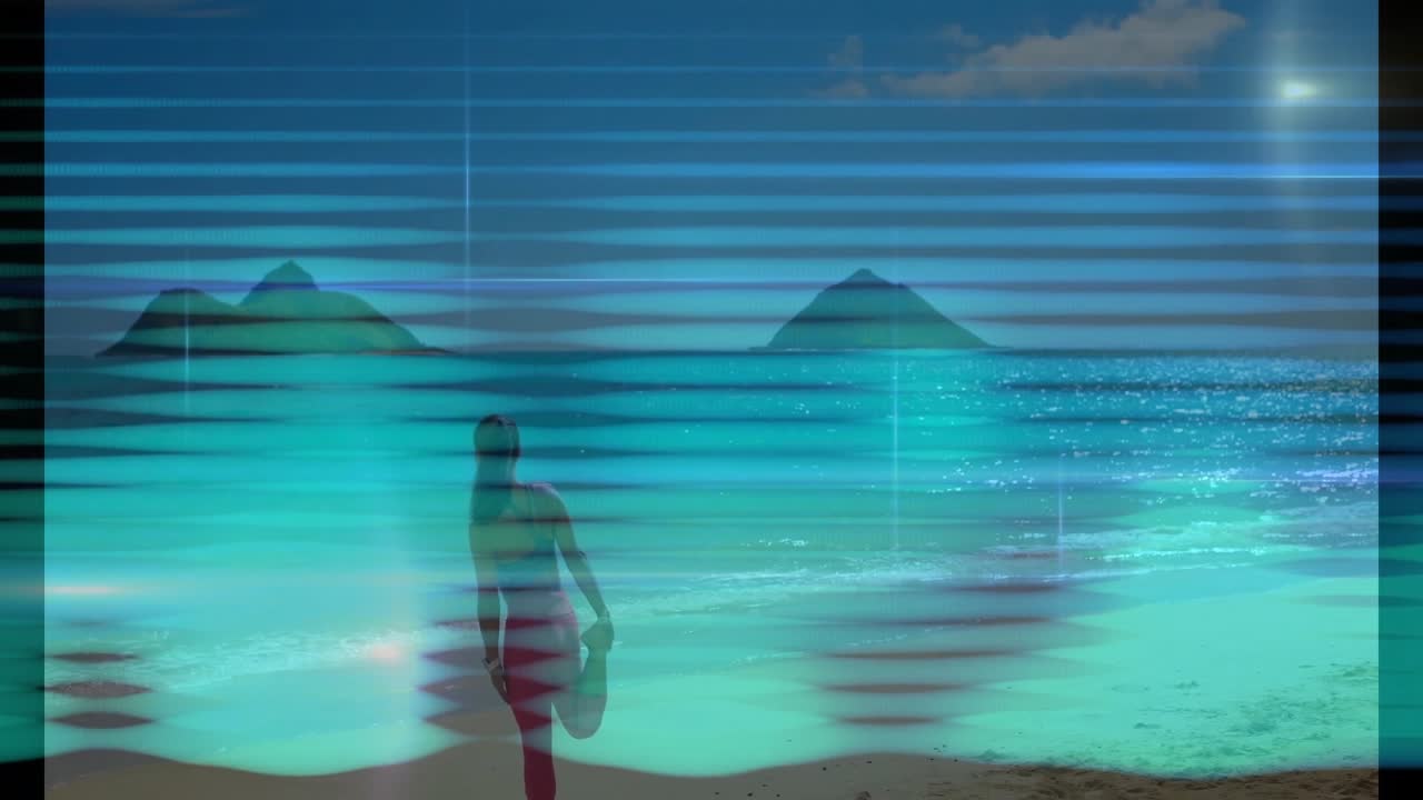 Female athlete releasing foot from fitness pose and walking along tropical beach with glitch effect