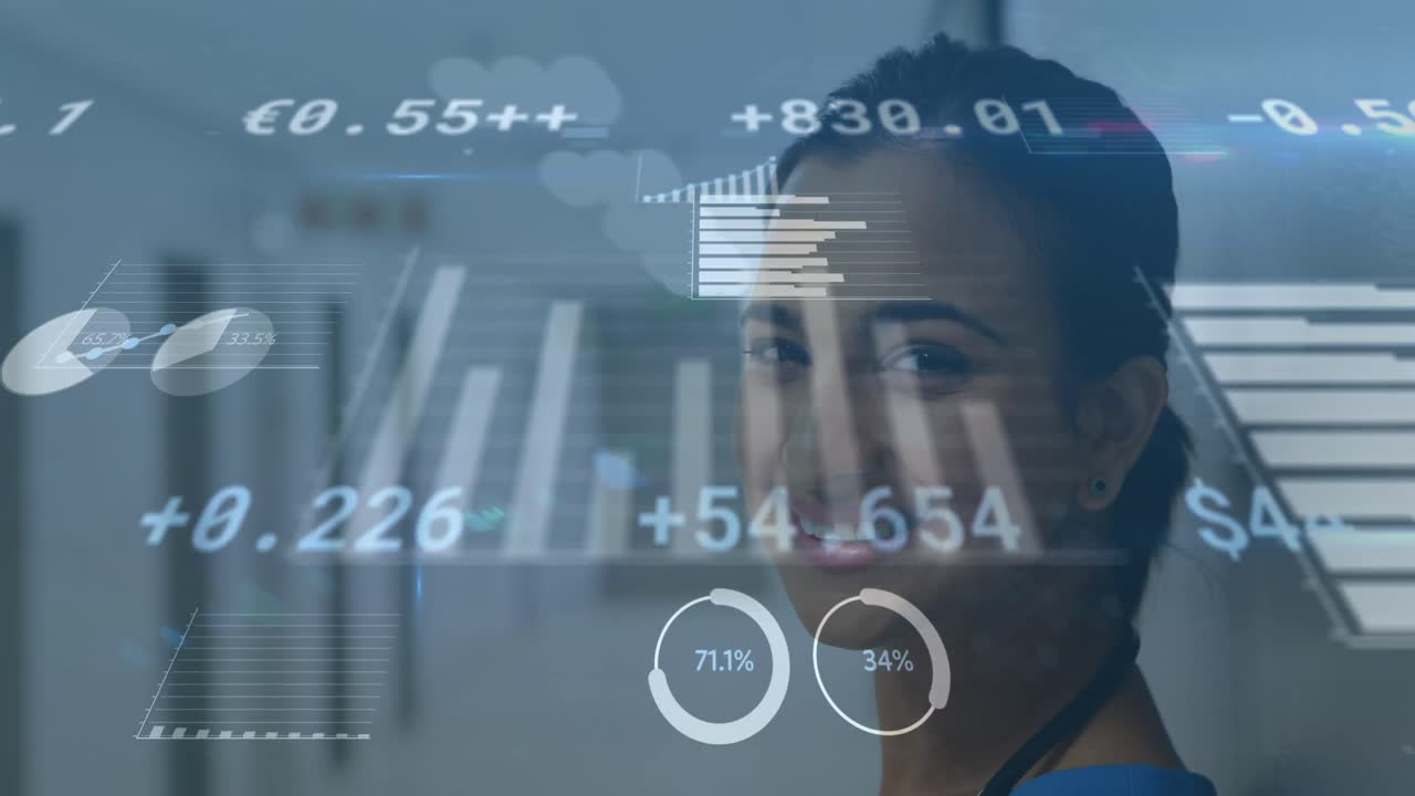 Animation of financial data and graphs over happy biracial female doctor