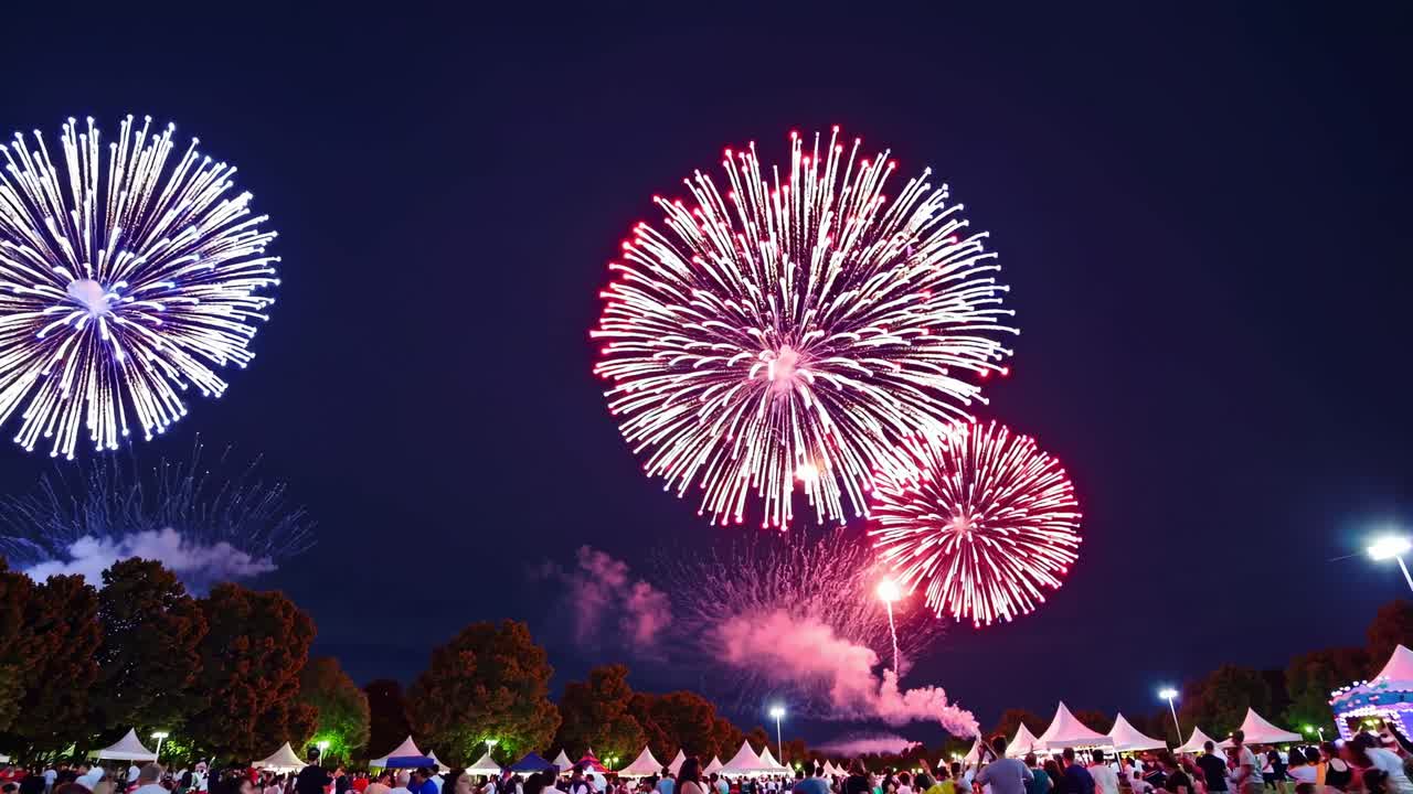 Colorful fireworks exploding in the night sky during a vibrant festival, creating a spectacular display of light and color above a crowd of people enjoying the festivities