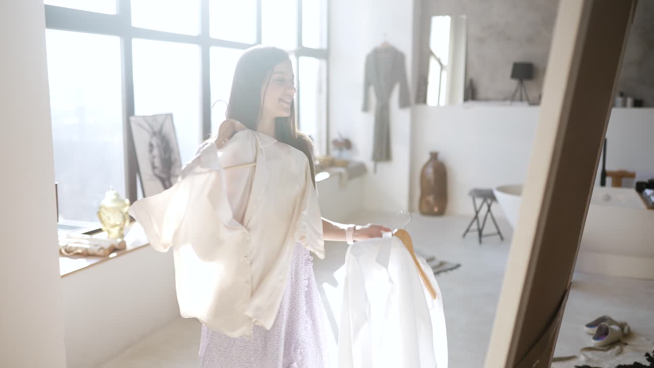 현대 가정 에서 옷 을 입으려고 하는 여자