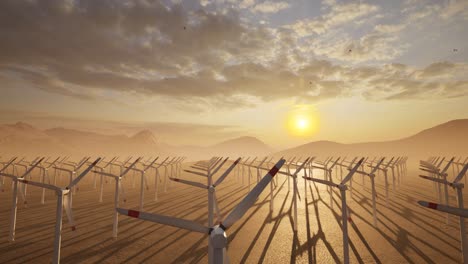 Windkraftanlagen-In-Der-Wüste-Bei-Sonnenuntergang,-3D-Animation,-Animierte-Szene,-Langsames-Heranzoomen-Der-Kamera