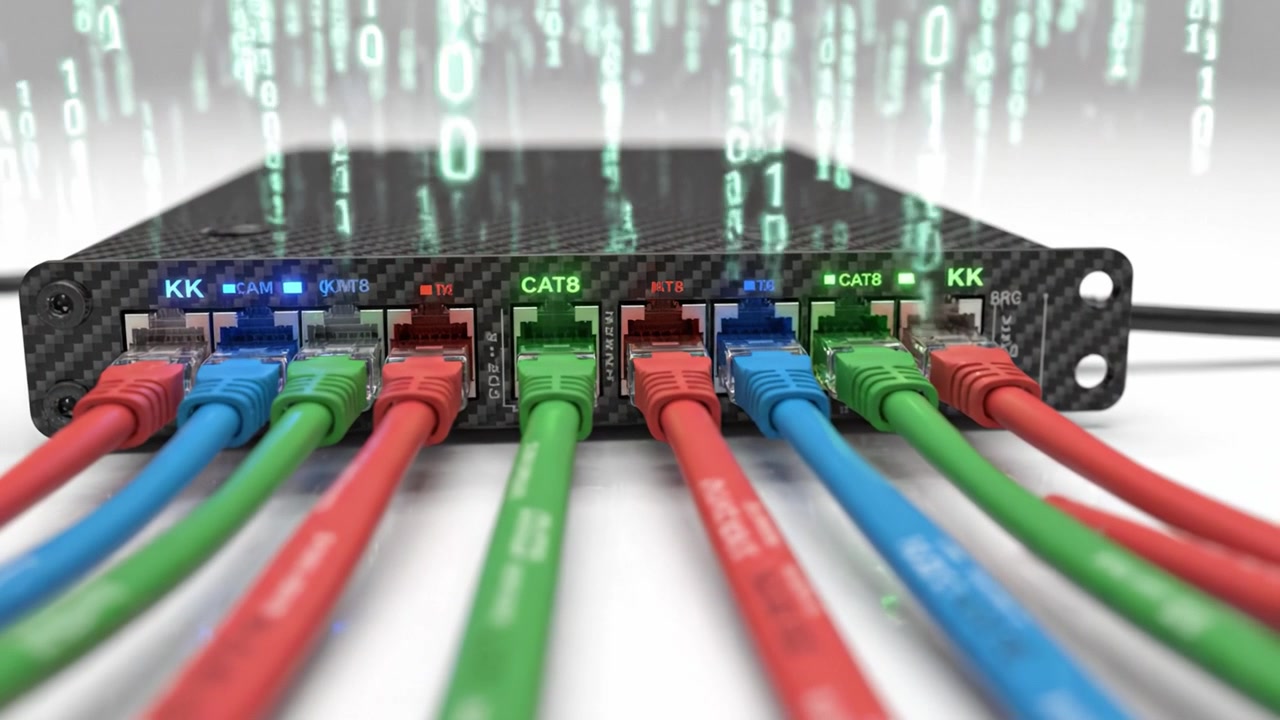 High-Tech Network Switch with Colorful Cables and Digital Matrix Background Representing Data Transmission and Connectivity in Modern Technology
