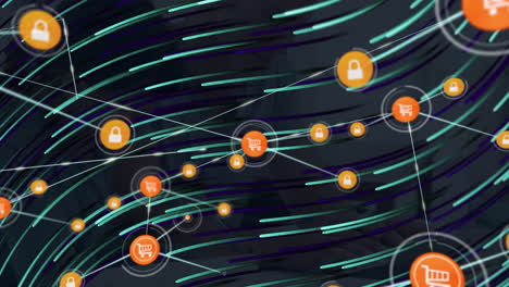 shopping cart and padlock icons connected by lines, network security animation