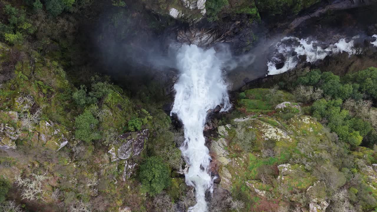 Bird's Eye View Of Waterfall Toxa In Silleda, Spain - Drone Shot