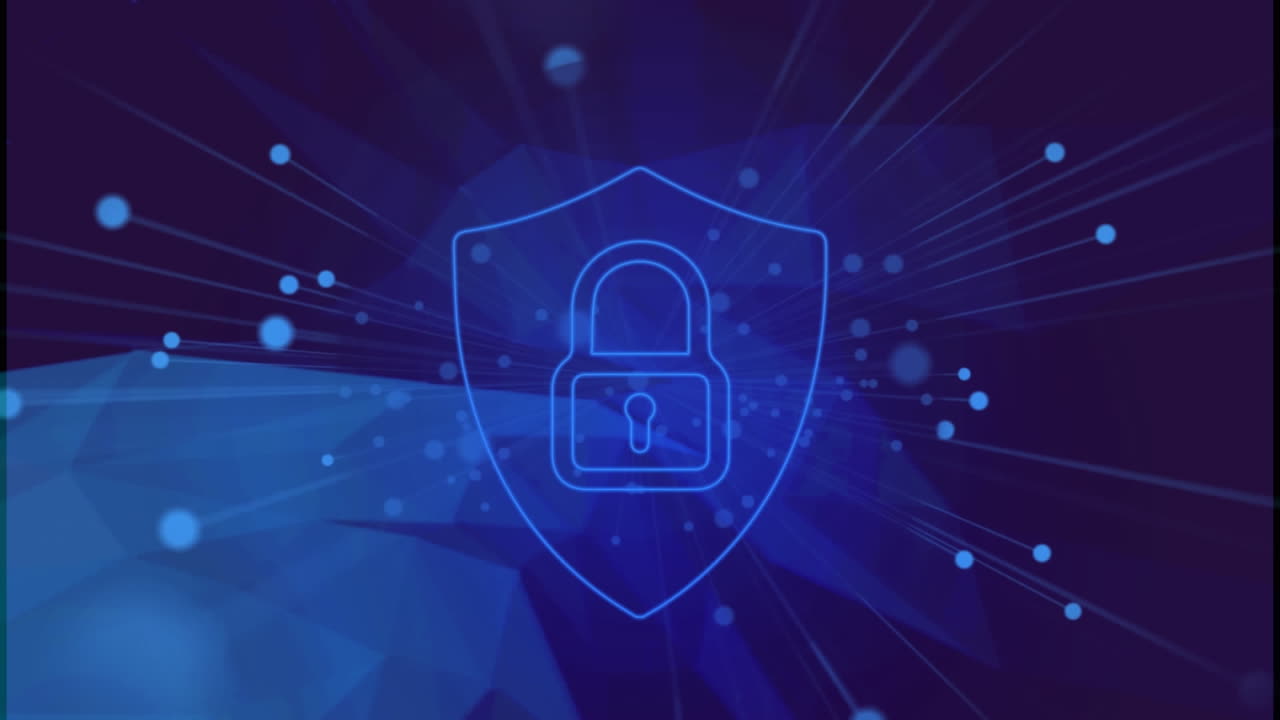 animatie van een online beveiligingshangslot en een netwerk van verbindingen op een donkere achtergrond