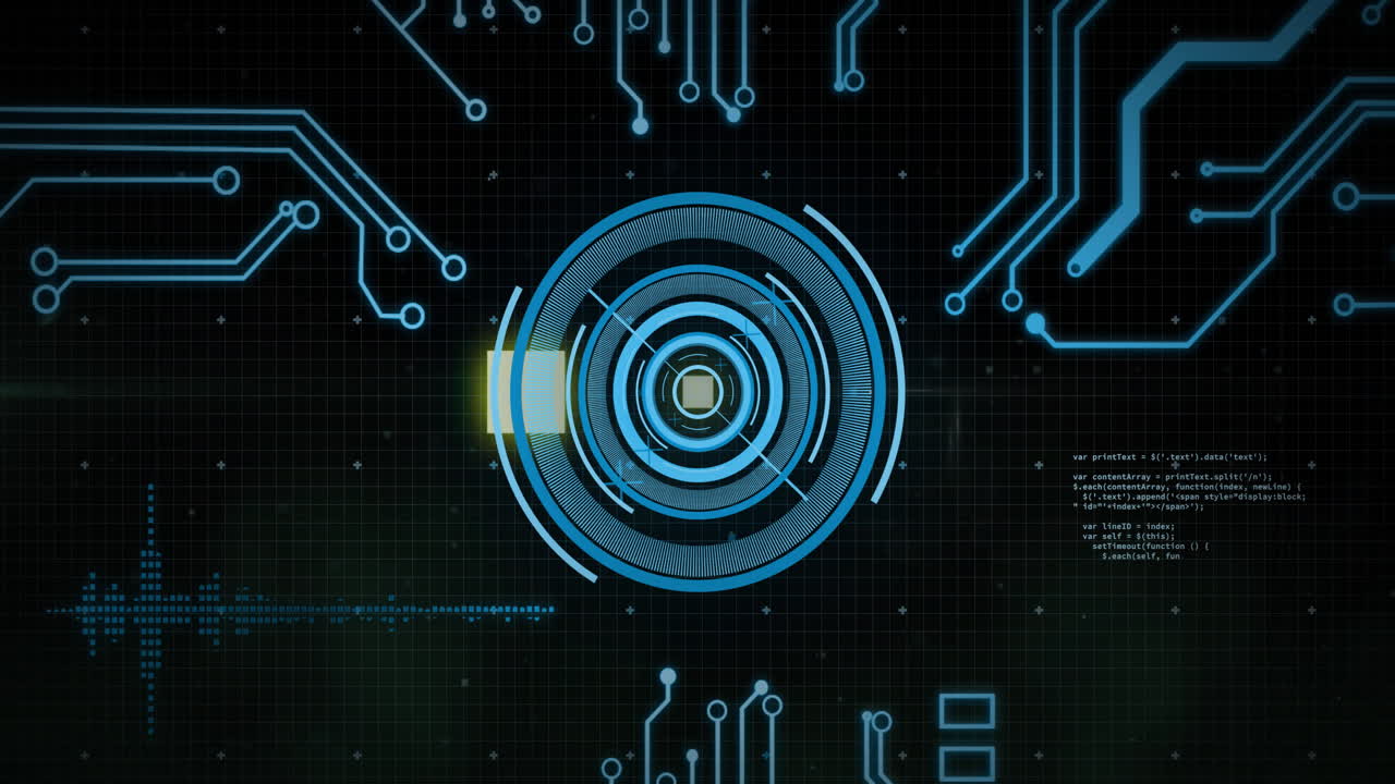 Animation of data processing with scope scanning on black background