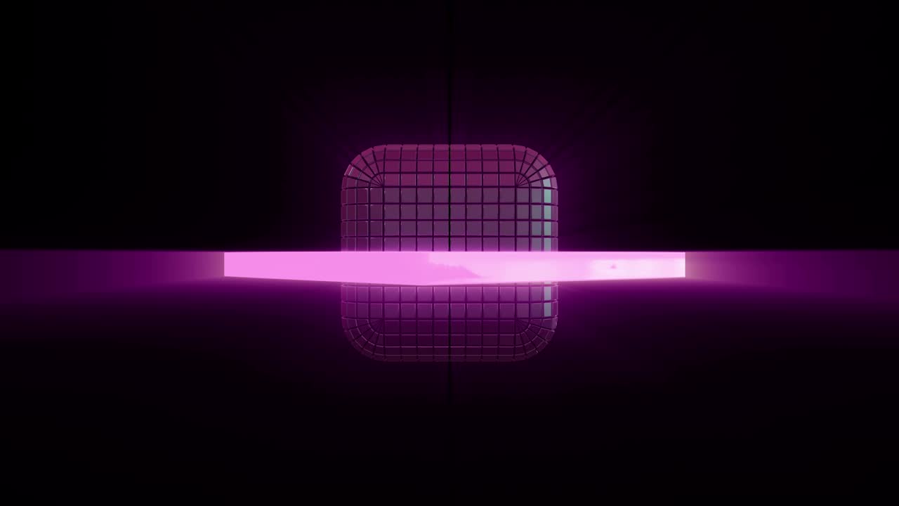giro de un cubo futurista construido a partir de segmentos. marco orbital de neón moviéndose alrededor del cubo. patrón sin costuras.