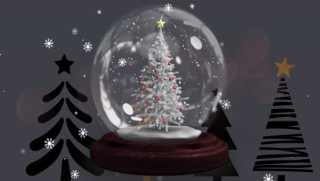 Shooting-star-around-christmas-tree-in-a-snow-globe-against-christmas-tree-icons-on-grey-background