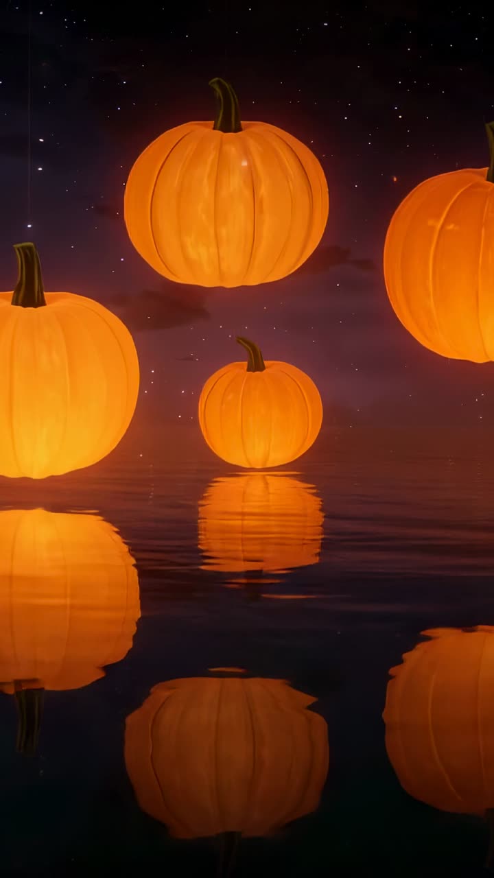 Vertical video: Glowing pumpkins appearing on lake, bobbing rotating under starry sky amid sparks