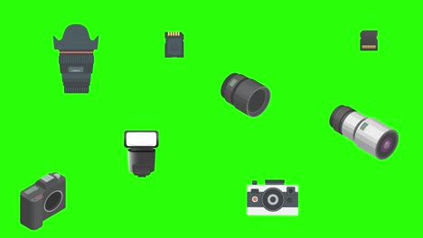 photography gadgets equipment animation, on green screen chroma key, graphic source elements