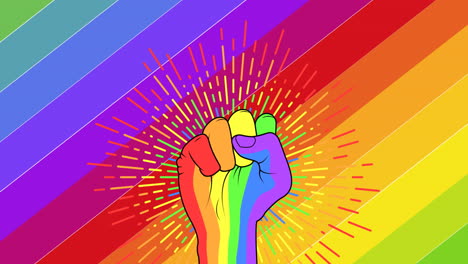 animation of rainbow fist over rainbow stripes