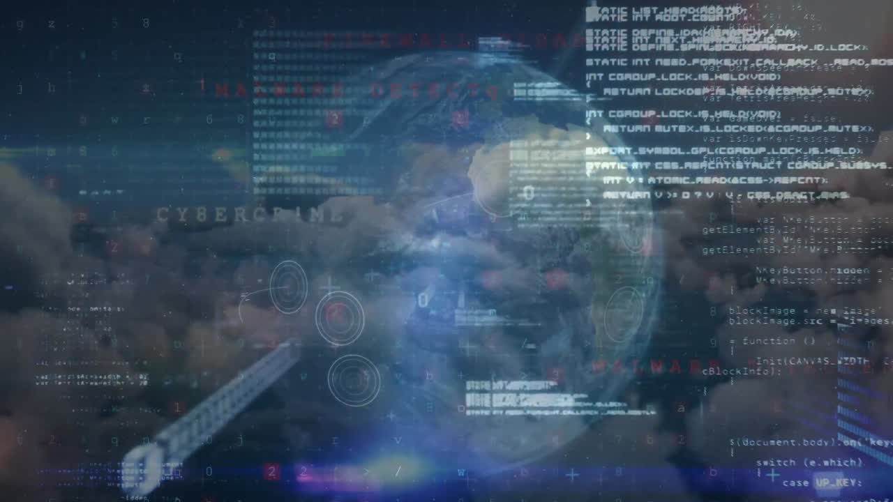 animación del procesamiento de datos y el globo sobre el cielo con nubes