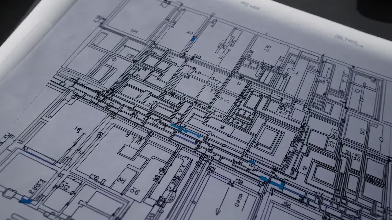 Aerial view of architectural blueprints on a table, showcasing detailed floor plans