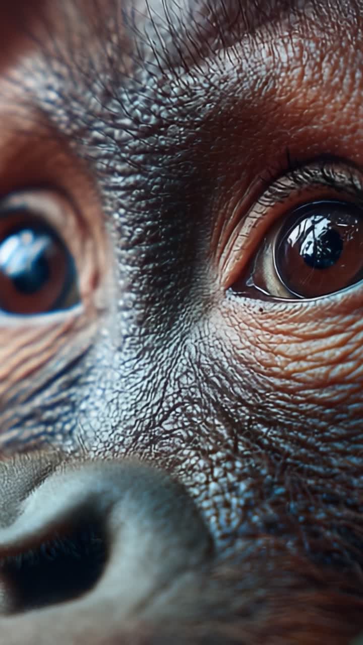 Una Prospettiva Ravvicinata di un'Espressione Intima Catturata negli Occhi di un Primate, Illustrando la Profondità dell'Emozione e della Connessione nel Comportamento Animale
