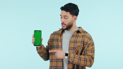 Man,-phone-green-screen-and-shake-head-for-wrong