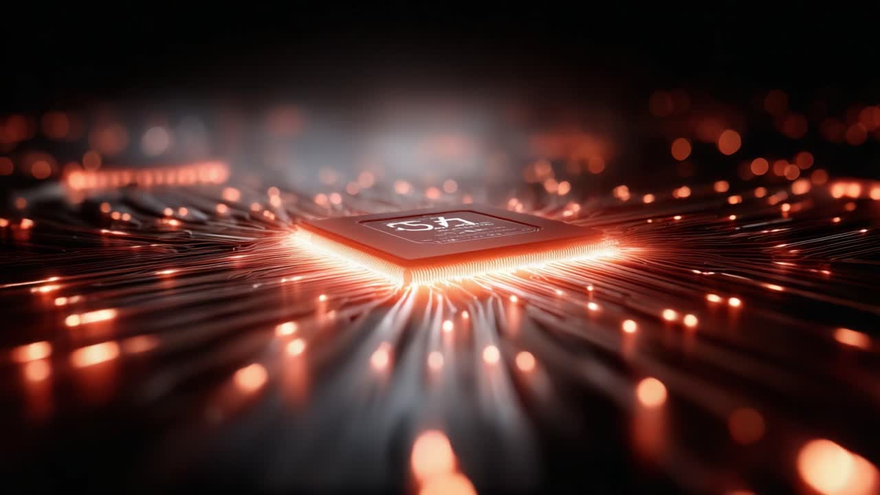 A mesmerizing close-up view of a high-performance microprocessor emitting vibrant light trails that signify advanced technology and innovation in digital circuitry